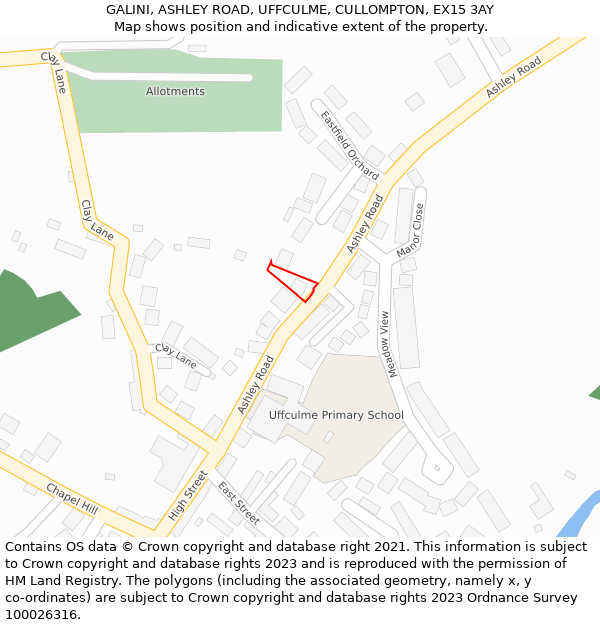 GALINI, ASHLEY ROAD, UFFCULME, CULLOMPTON, EX15 3AY: Location map and indicative extent of plot