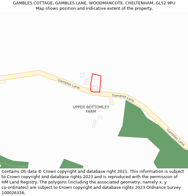 GAMBLES COTTAGE, GAMBLES LANE, WOODMANCOTE, CHELTENHAM, GL52 9PU: Location map and indicative extent of plot