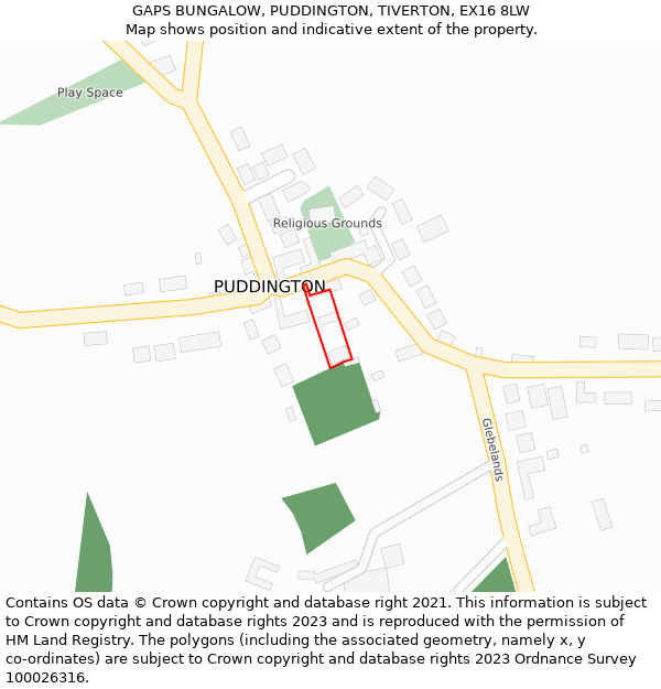 GAPS BUNGALOW, PUDDINGTON, TIVERTON, EX16 8LW: Location map and indicative extent of plot