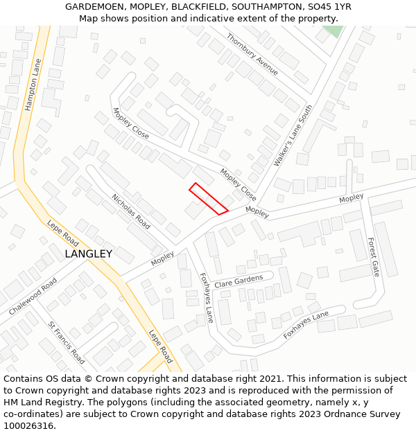 GARDEMOEN, MOPLEY, BLACKFIELD, SOUTHAMPTON, SO45 1YR: Location map and indicative extent of plot