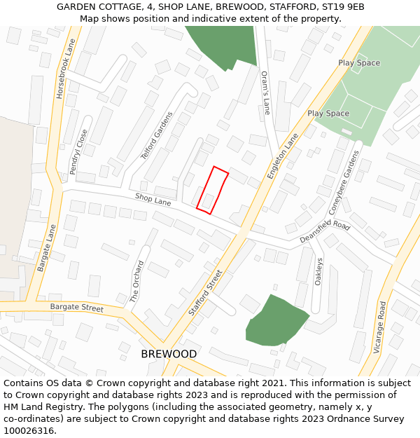 GARDEN COTTAGE, 4, SHOP LANE, BREWOOD, STAFFORD, ST19 9EB: Location map and indicative extent of plot