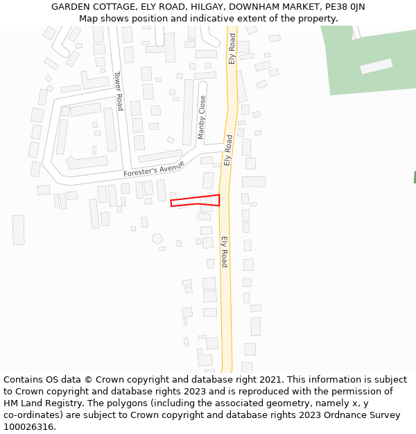 GARDEN COTTAGE, ELY ROAD, HILGAY, DOWNHAM MARKET, PE38 0JN: Location map and indicative extent of plot