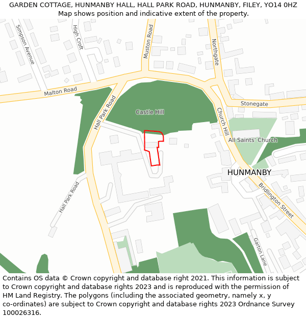 GARDEN COTTAGE, HUNMANBY HALL, HALL PARK ROAD, HUNMANBY, FILEY, YO14 0HZ: Location map and indicative extent of plot