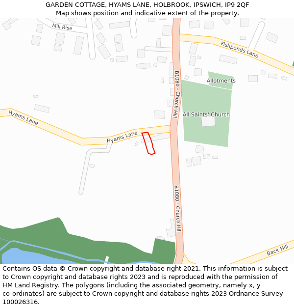 GARDEN COTTAGE, HYAMS LANE, HOLBROOK, IPSWICH, IP9 2QF: Location map and indicative extent of plot