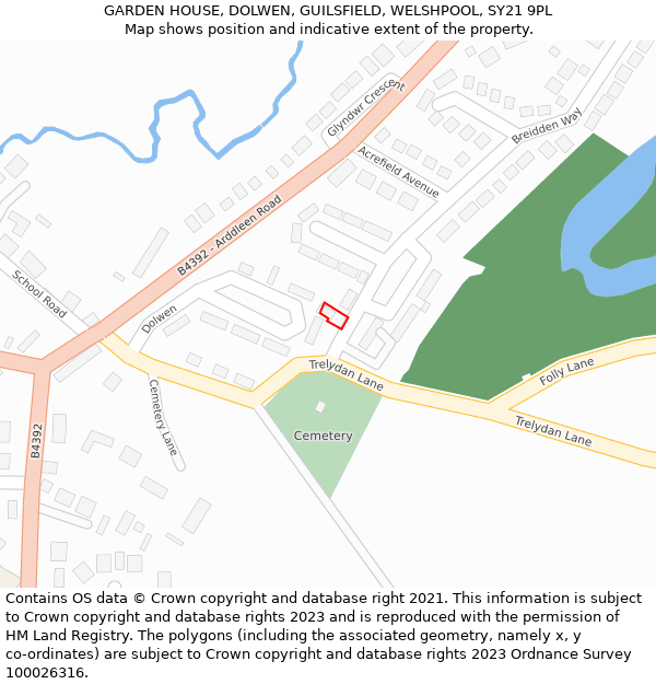 GARDEN HOUSE, DOLWEN, GUILSFIELD, WELSHPOOL, SY21 9PL: Location map and indicative extent of plot