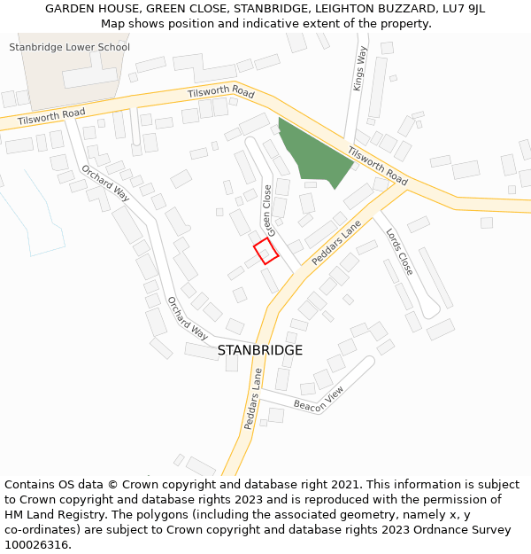 GARDEN HOUSE, GREEN CLOSE, STANBRIDGE, LEIGHTON BUZZARD, LU7 9JL: Location map and indicative extent of plot