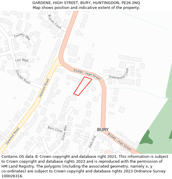 GARDENE, HIGH STREET, BURY, HUNTINGDON, PE26 2NQ: Location map and indicative extent of plot