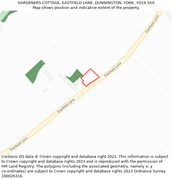GARDENERS COTTAGE, EASTFIELD LANE, DUNNINGTON, YORK, YO19 5AA: Location map and indicative extent of plot