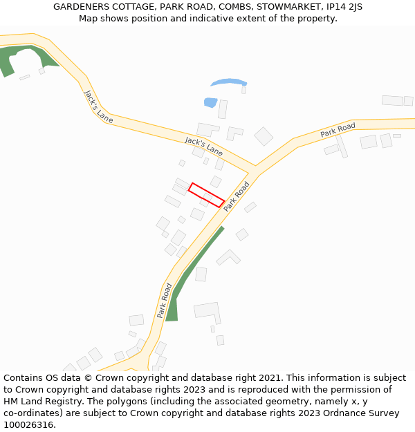 GARDENERS COTTAGE, PARK ROAD, COMBS, STOWMARKET, IP14 2JS: Location map and indicative extent of plot