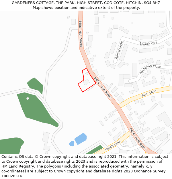 GARDENERS COTTAGE, THE PARK, HIGH STREET, CODICOTE, HITCHIN, SG4 8HZ: Location map and indicative extent of plot