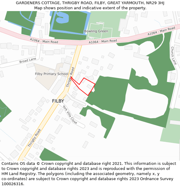 GARDENERS COTTAGE, THRIGBY ROAD, FILBY, GREAT YARMOUTH, NR29 3HJ: Location map and indicative extent of plot