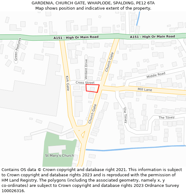 GARDENIA, CHURCH GATE, WHAPLODE, SPALDING, PE12 6TA: Location map and indicative extent of plot