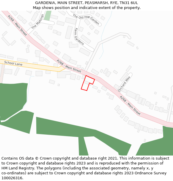 GARDENIA, MAIN STREET, PEASMARSH, RYE, TN31 6UL: Location map and indicative extent of plot