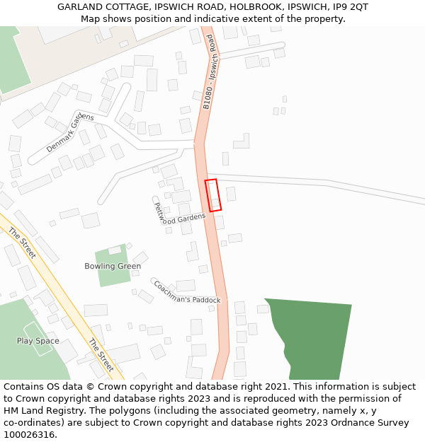 GARLAND COTTAGE, IPSWICH ROAD, HOLBROOK, IPSWICH, IP9 2QT: Location map and indicative extent of plot