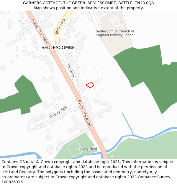 GARNERS COTTAGE, THE GREEN, SEDLESCOMBE, BATTLE, TN33 0QA: Location map and indicative extent of plot