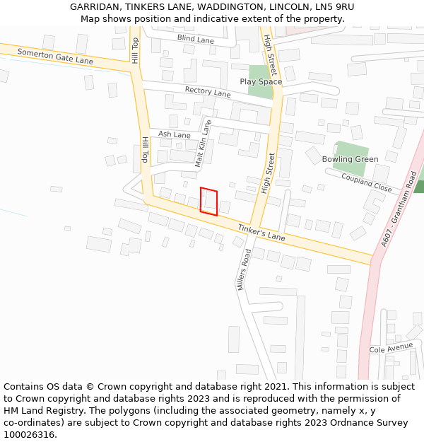 GARRIDAN, TINKERS LANE, WADDINGTON, LINCOLN, LN5 9RU: Location map and indicative extent of plot