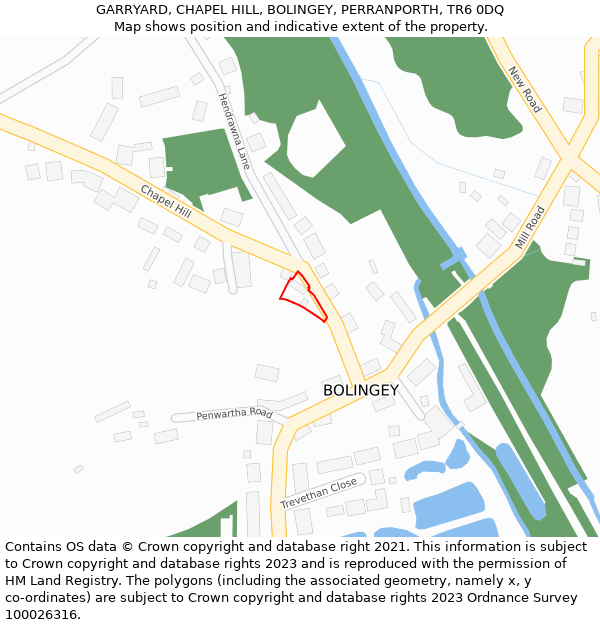 GARRYARD, CHAPEL HILL, BOLINGEY, PERRANPORTH, TR6 0DQ: Location map and indicative extent of plot