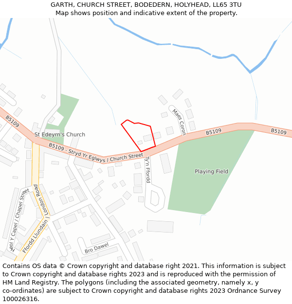 GARTH, CHURCH STREET, BODEDERN, HOLYHEAD, LL65 3TU: Location map and indicative extent of plot