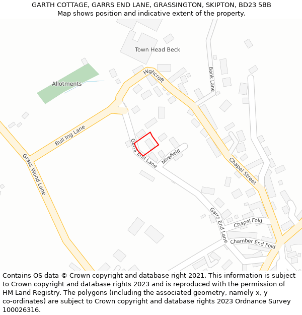GARTH COTTAGE, GARRS END LANE, GRASSINGTON, SKIPTON, BD23 5BB: Location map and indicative extent of plot