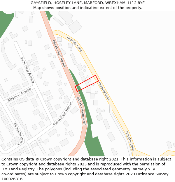 GAYSFIELD, HOSELEY LANE, MARFORD, WREXHAM, LL12 8YE: Location map and indicative extent of plot