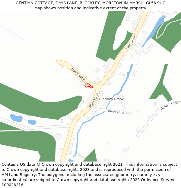 GENTIAN COTTAGE, DAYS LANE, BLOCKLEY, MORETON-IN-MARSH, GL56 9HG: Location map and indicative extent of plot