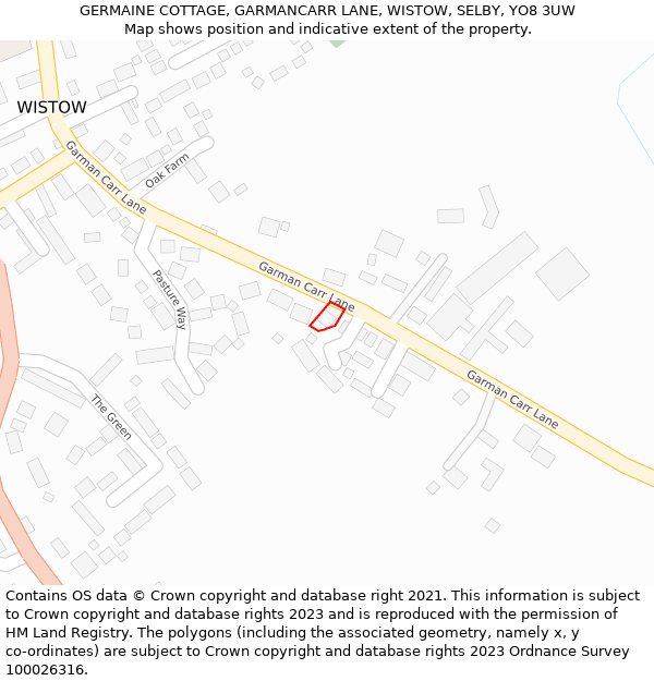 GERMAINE COTTAGE, GARMANCARR LANE, WISTOW, SELBY, YO8 3UW: Location map and indicative extent of plot