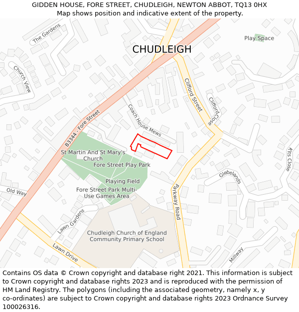 GIDDEN HOUSE, FORE STREET, CHUDLEIGH, NEWTON ABBOT, TQ13 0HX: Location map and indicative extent of plot