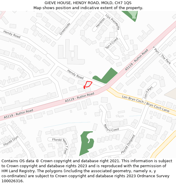 GIEVE HOUSE, HENDY ROAD, MOLD, CH7 1QS: Location map and indicative extent of plot