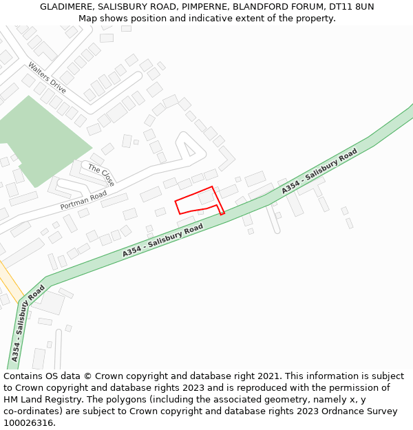 GLADIMERE, SALISBURY ROAD, PIMPERNE, BLANDFORD FORUM, DT11 8UN: Location map and indicative extent of plot