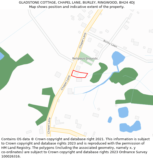 GLADSTONE COTTAGE, CHAPEL LANE, BURLEY, RINGWOOD, BH24 4DJ: Location map and indicative extent of plot