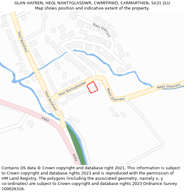 GLAN HAFREN, HEOL NANTYGLASDWR, CWMFFRWD, CARMARTHEN, SA31 2LU: Location map and indicative extent of plot