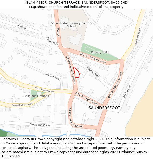 GLAN Y MOR, CHURCH TERRACE, SAUNDERSFOOT, SA69 9HD: Location map and indicative extent of plot