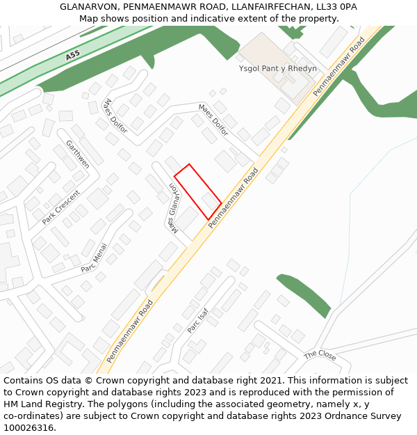 GLANARVON, PENMAENMAWR ROAD, LLANFAIRFECHAN, LL33 0PA: Location map and indicative extent of plot