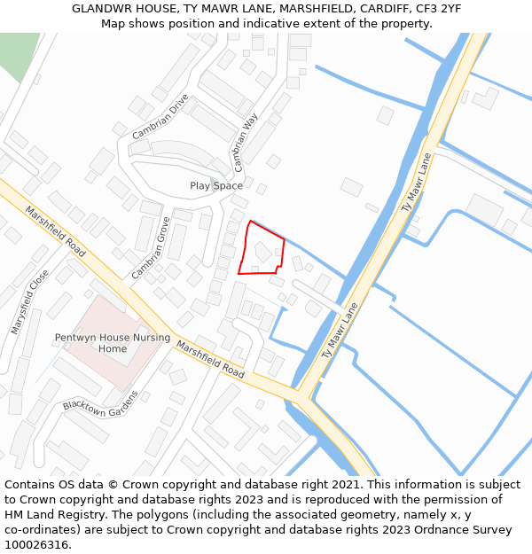 GLANDWR HOUSE, TY MAWR LANE, MARSHFIELD, CARDIFF, CF3 2YF: Location map and indicative extent of plot