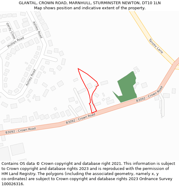 GLANTAL, CROWN ROAD, MARNHULL, STURMINSTER NEWTON, DT10 1LN: Location map and indicative extent of plot