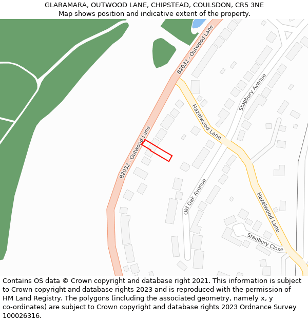 GLARAMARA, OUTWOOD LANE, CHIPSTEAD, COULSDON, CR5 3NE: Location map and indicative extent of plot