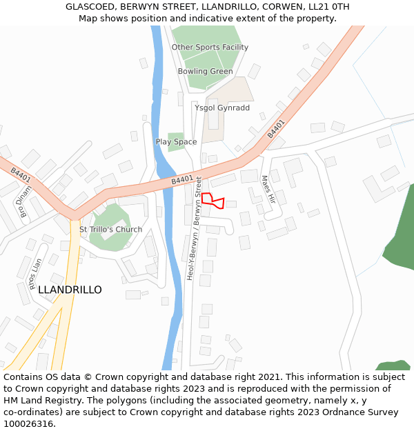 GLASCOED, BERWYN STREET, LLANDRILLO, CORWEN, LL21 0TH: Location map and indicative extent of plot