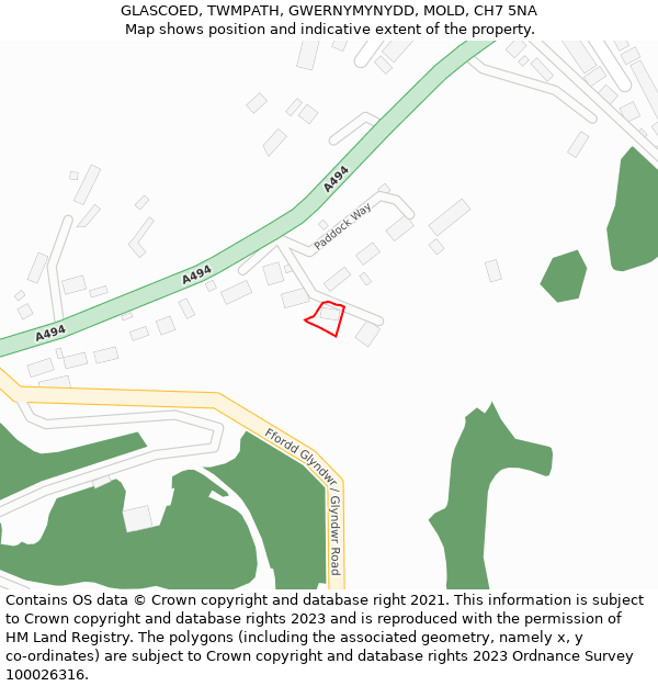 GLASCOED, TWMPATH, GWERNYMYNYDD, MOLD, CH7 5NA: Location map and indicative extent of plot