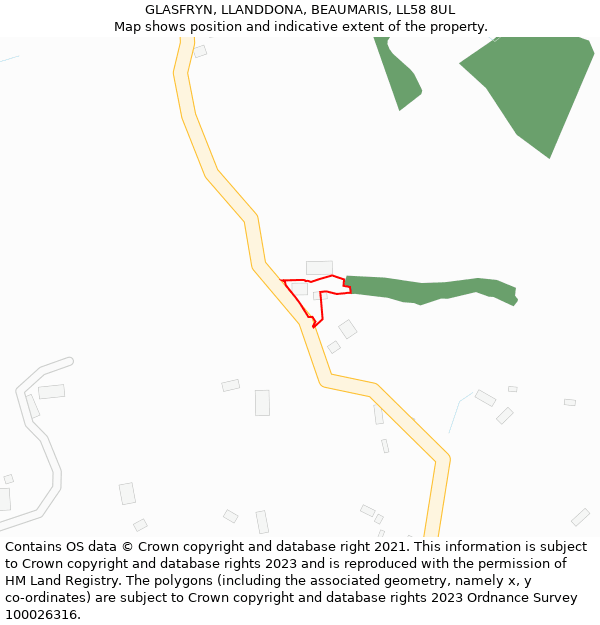 GLASFRYN, LLANDDONA, BEAUMARIS, LL58 8UL: Location map and indicative extent of plot