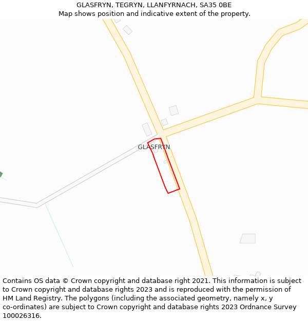 GLASFRYN, TEGRYN, LLANFYRNACH, SA35 0BE: Location map and indicative extent of plot