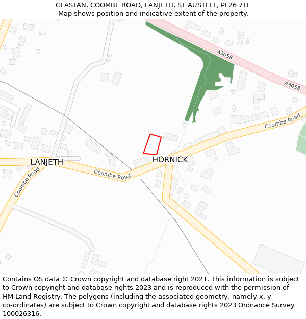 GLASTAN, COOMBE ROAD, LANJETH, ST AUSTELL, PL26 7TL: Location map and indicative extent of plot