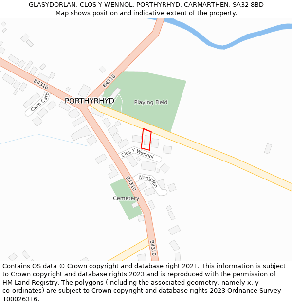 GLASYDORLAN, CLOS Y WENNOL, PORTHYRHYD, CARMARTHEN, SA32 8BD: Location map and indicative extent of plot