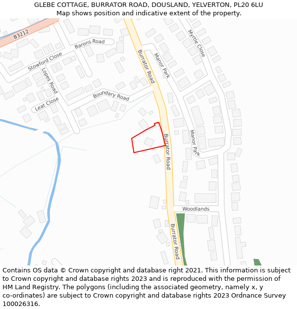 GLEBE COTTAGE, BURRATOR ROAD, DOUSLAND, YELVERTON, PL20 6LU: Location map and indicative extent of plot