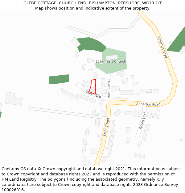 GLEBE COTTAGE, CHURCH END, BISHAMPTON, PERSHORE, WR10 2LT: Location map and indicative extent of plot