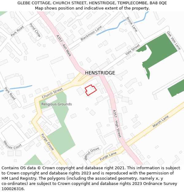 GLEBE COTTAGE, CHURCH STREET, HENSTRIDGE, TEMPLECOMBE, BA8 0QE: Location map and indicative extent of plot