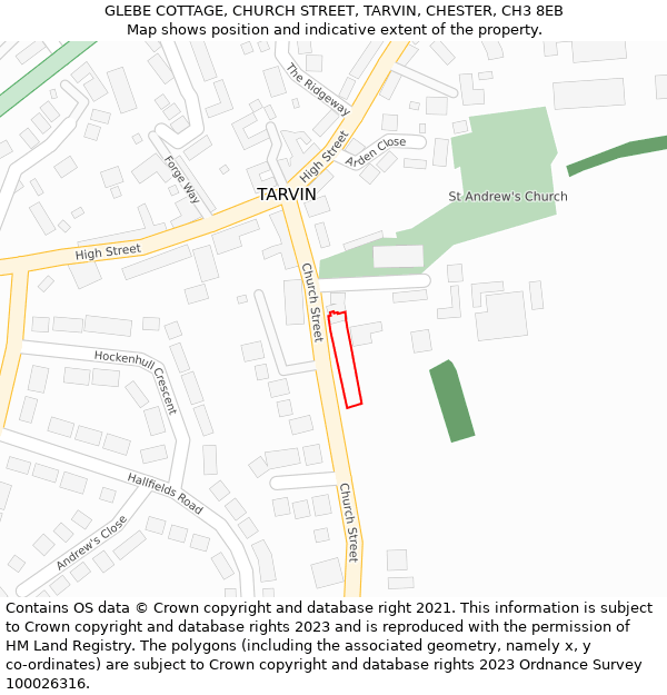 GLEBE COTTAGE, CHURCH STREET, TARVIN, CHESTER, CH3 8EB: Location map and indicative extent of plot