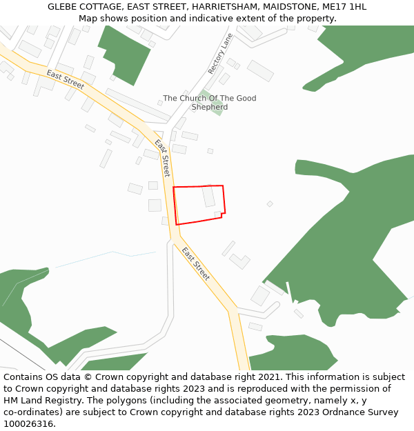 GLEBE COTTAGE, EAST STREET, HARRIETSHAM, MAIDSTONE, ME17 1HL: Location map and indicative extent of plot