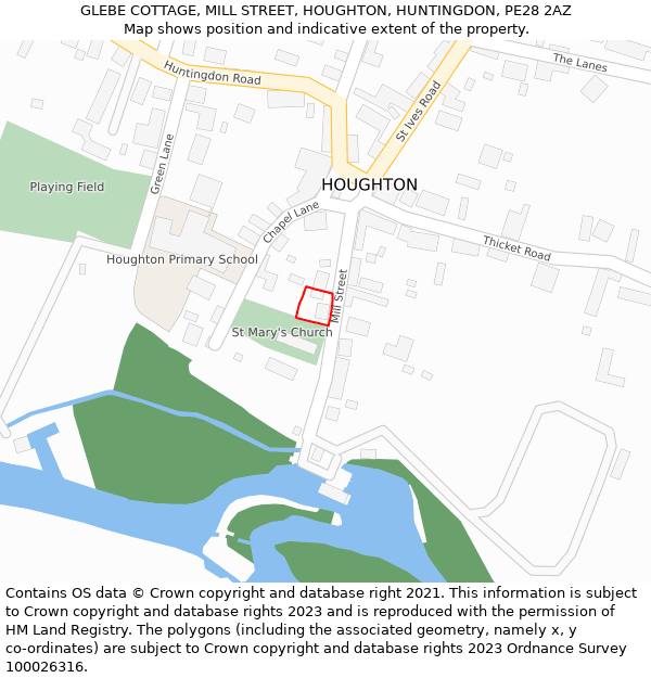 GLEBE COTTAGE, MILL STREET, HOUGHTON, HUNTINGDON, PE28 2AZ: Location map and indicative extent of plot