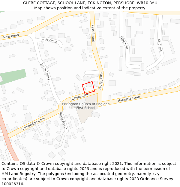 GLEBE COTTAGE, SCHOOL LANE, ECKINGTON, PERSHORE, WR10 3AU: Location map and indicative extent of plot