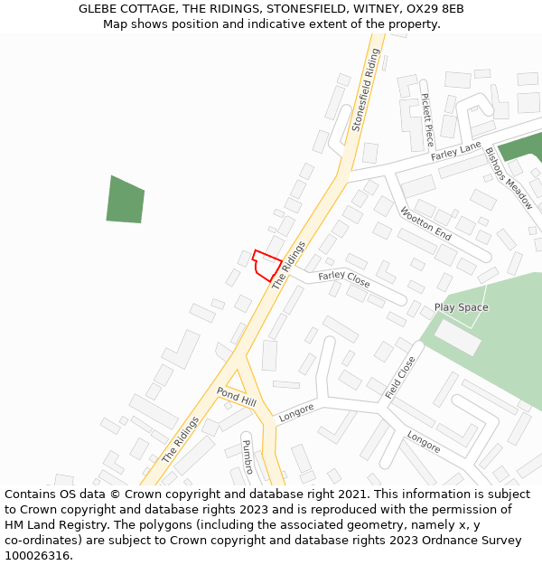 GLEBE COTTAGE, THE RIDINGS, STONESFIELD, WITNEY, OX29 8EB: Location map and indicative extent of plot